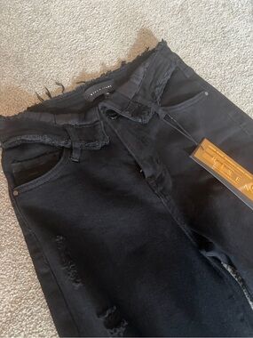 RISEN DENIM Black Distressed Jeans with fold over waist band - NEW SIZE 3/26
